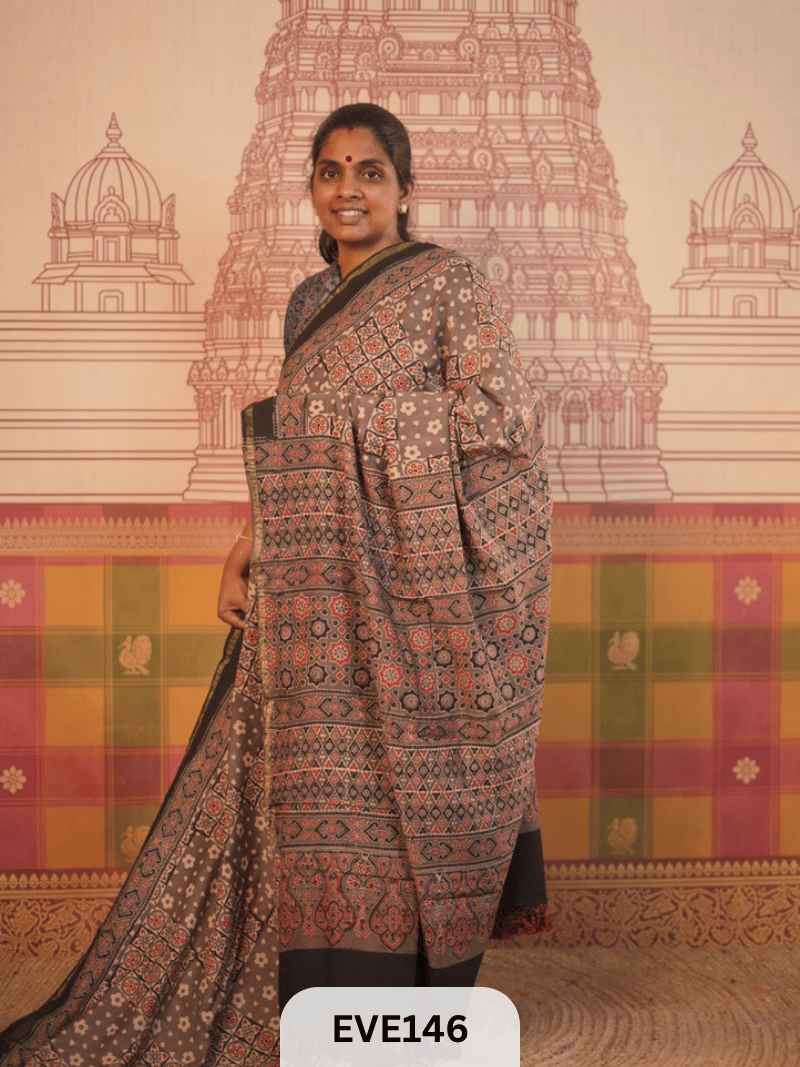PURE CHANDERI SILK AJRAKH HANDBLOCK SAREE