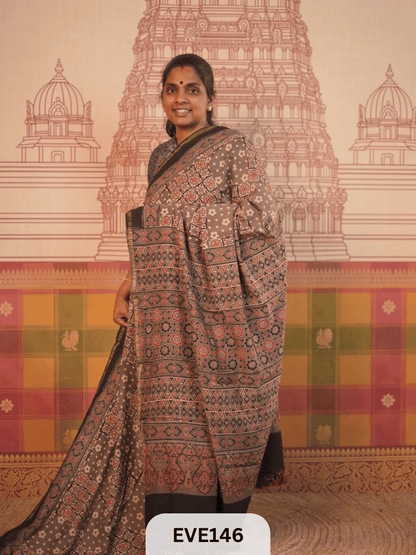 PURE CHANDERI SILK AJRAKH HANDBLOCK SAREE