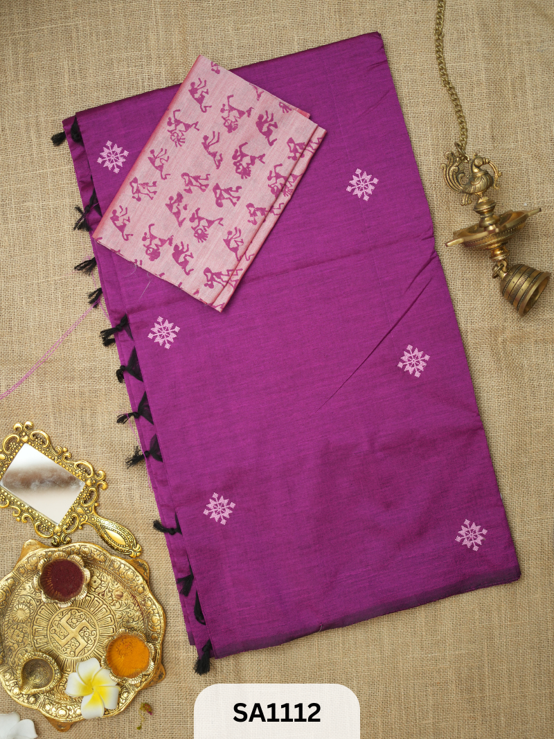 SILK COTTON EMBROIDERY HANDBLOCK SAREE