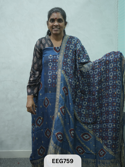 AJRAKH DOLA SILK 2 PCS-UNSTITCHED ( TOP 3.5MTR AND DUPPATA 2.25MTR )