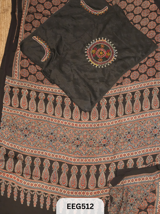 AJRAKH MODAL SAREE WITH KUTCHI HANDWORK BLOUSE PIECE EXTRA