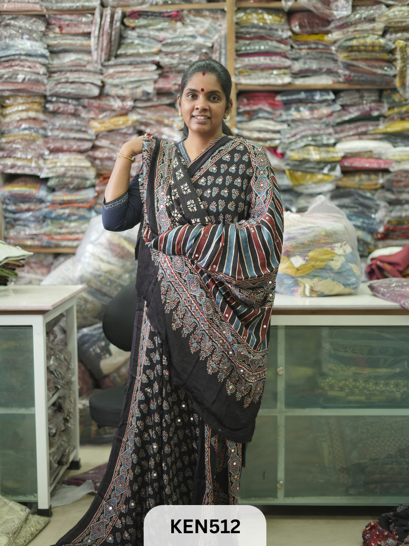 MODAL NATURAL AJRAKH HANDBLOCK SAREE WITH GLUE MIRROR