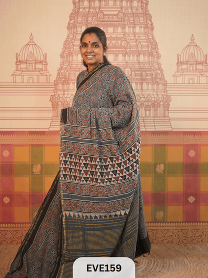 PURE CHANDERI SILK AJRAKH HANDBLOCK SAREE
