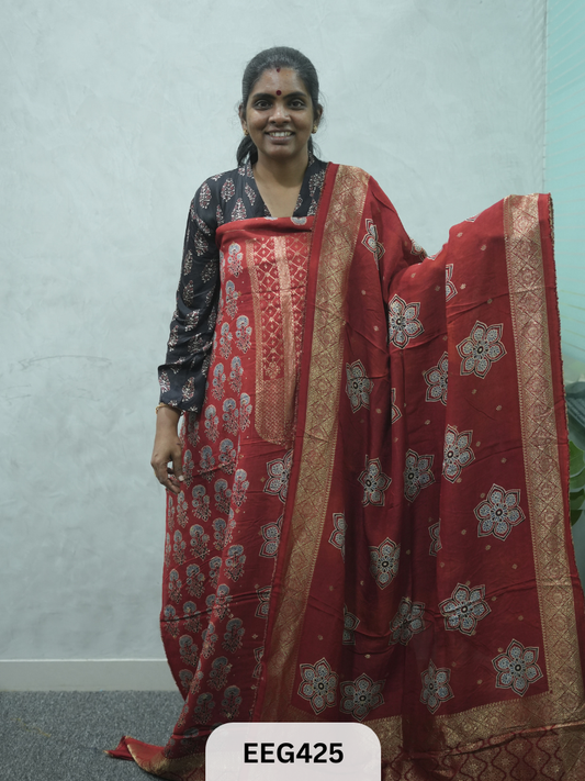 AJRAKH DOLA SILK 2 PCS-UNSTITCHED ( TOP 3.5MTR AND DUPPATA 2.25MTR ) - IMMEDIEATE DISPATCH