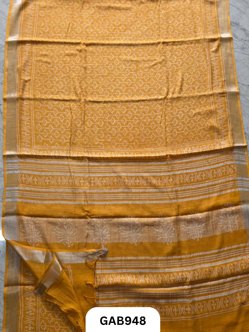 Bagru Handblock Print Linen Saree With Attached Blouse