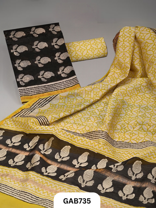 Hand Block Chanderi Silk Dress Materials Top 2.5 Mtrs Duptta 2.5 Mtrs
