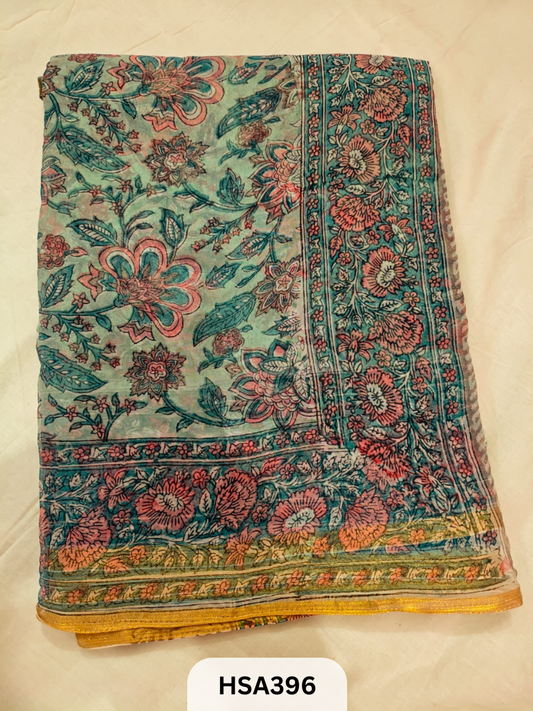PURE HAND BLOCK PRINTED DOUBLE DIAMOID CHIFFON SAREE