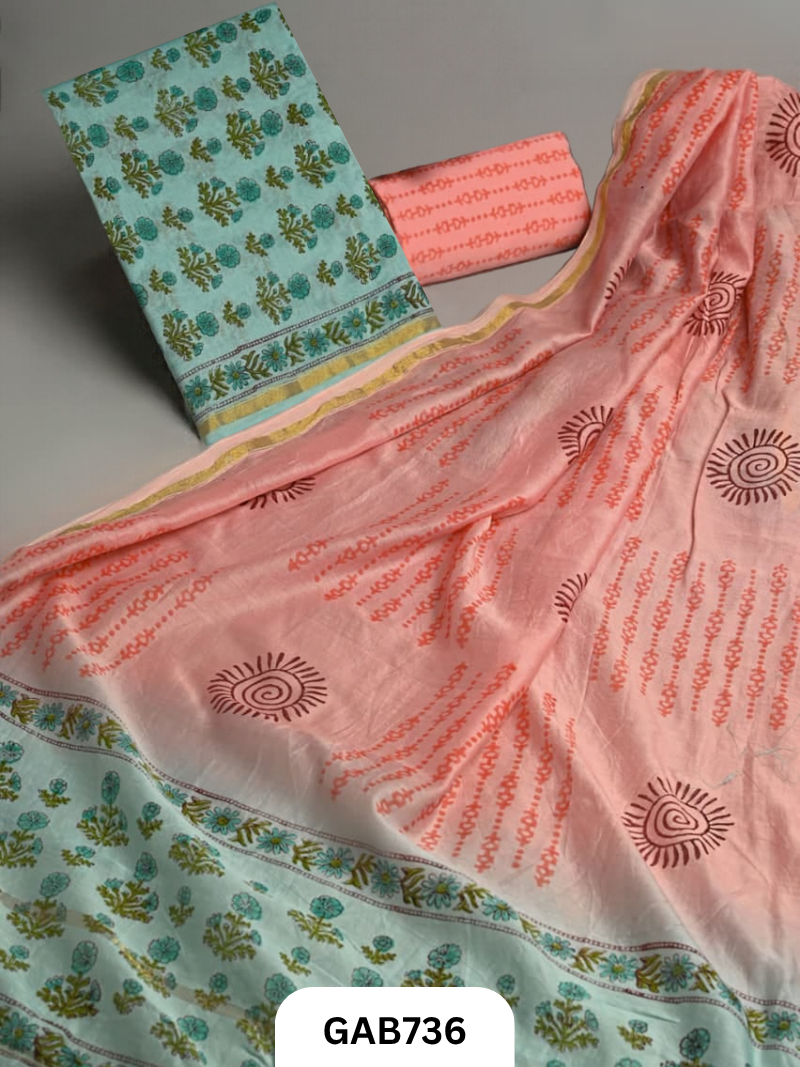 Hand Block Chanderi Silk Dress Materials Top 2.5 Mtrs Duptta 2.5 Mtrs