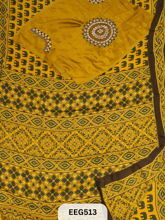 AJRAKH MODAL SAREE WITH KUTCHI HANDWORK BLOUSE PIECE EXTRA