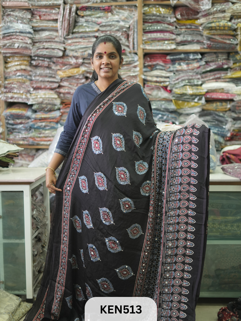 MODAL NATURAL AJRAKH HANDBLOCK SAREE WITH GLUE MIRROR