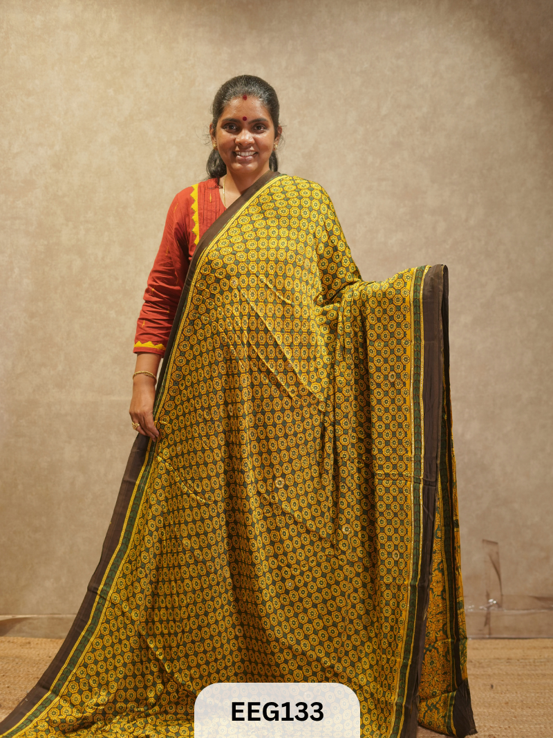 AJRAKH MODAL SAREE WITH KHATLI HANDWORK