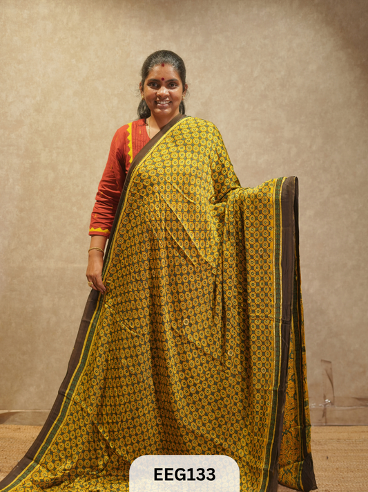 AJRAKH MODAL SAREE WITH KHATLI HANDWORK
