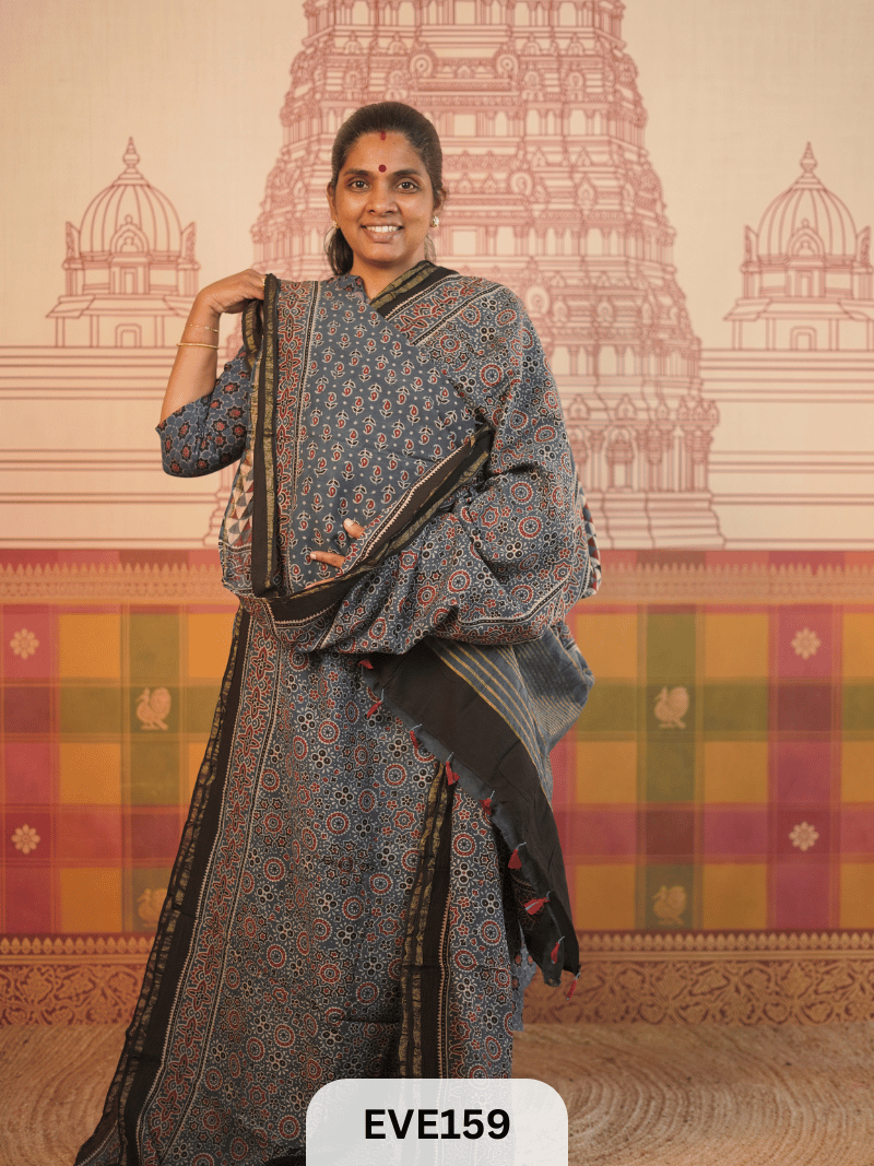 PURE CHANDERI SILK AJRAKH HANDBLOCK SAREE