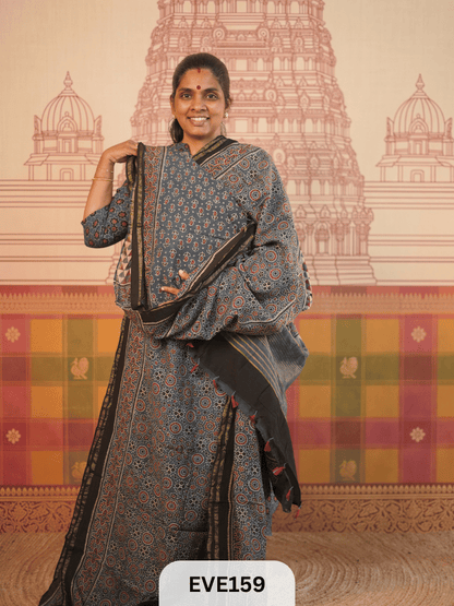 PURE CHANDERI SILK AJRAKH HANDBLOCK SAREE