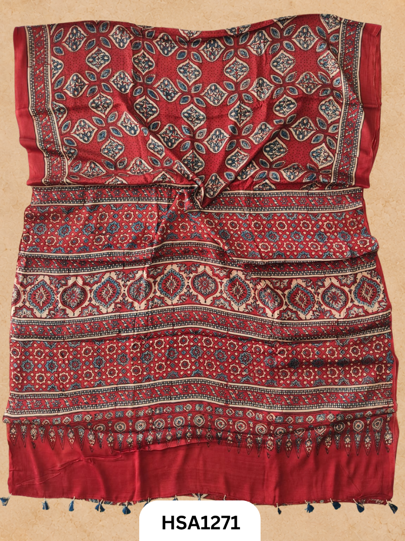 Natural Dye Vegetable Hand Block Print Ajrakh Print Pure Modal Silk Saree