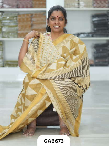 Hand Block Printed Maheshwari Silk Saree