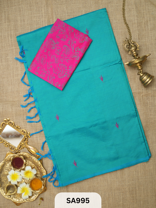 SILK COTTON EMBROIDERY HANDBLOCK SAREE