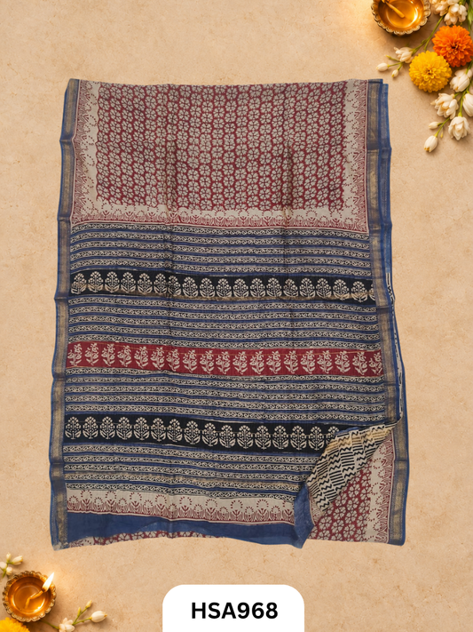 Pure Maheswari Silk Cotton - Handblock Print Saree With Blouse