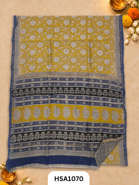 Pure Hand Block Printed Chanderi Silk Saree With Printed Blouse