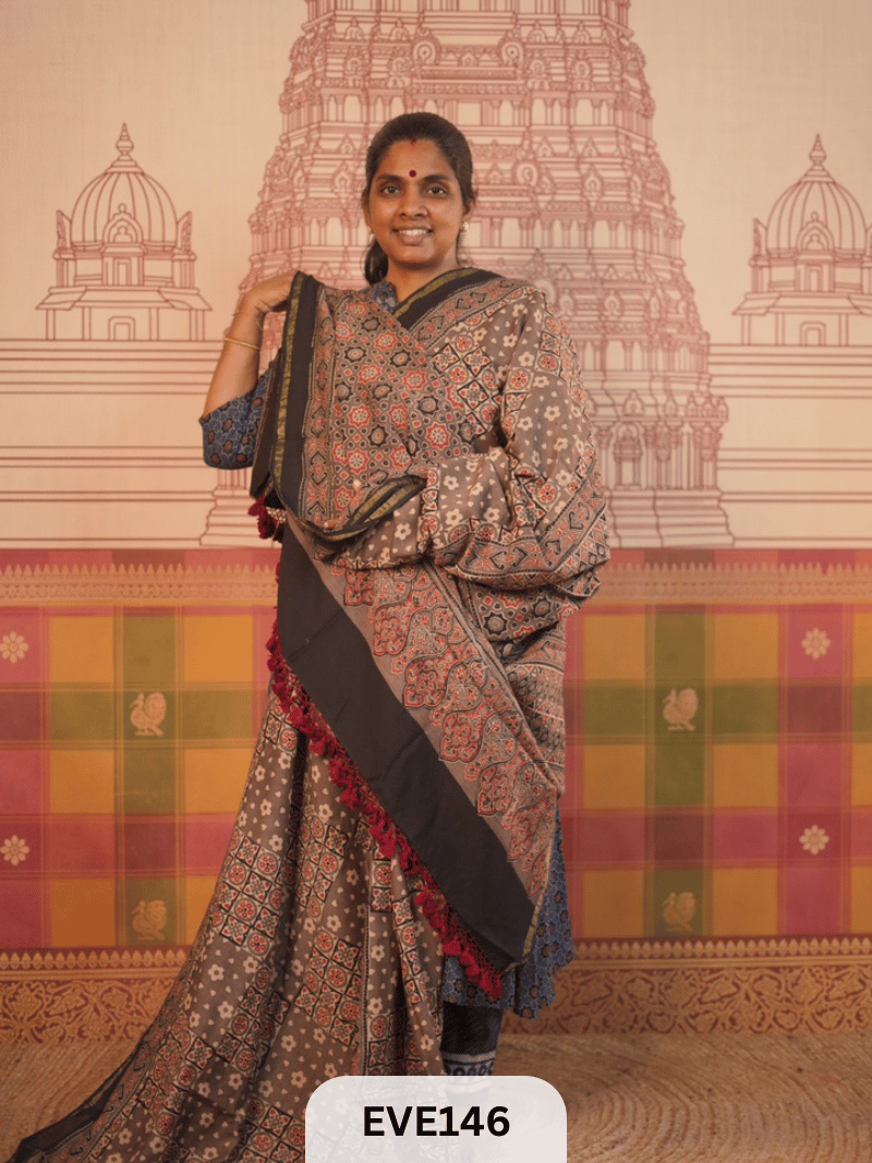 PURE CHANDERI SILK AJRAKH HANDBLOCK SAREE