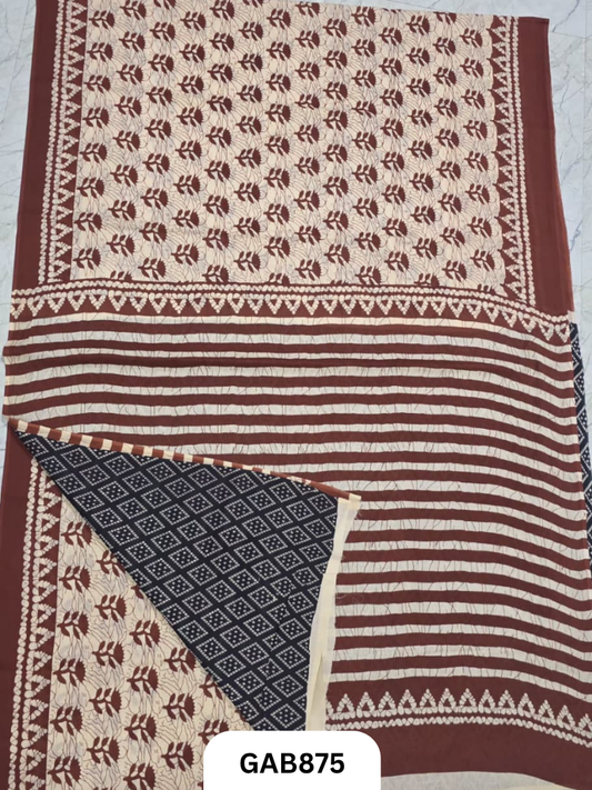 Bagru Block Print Cotton Mulmul Sarees With Running Blouse