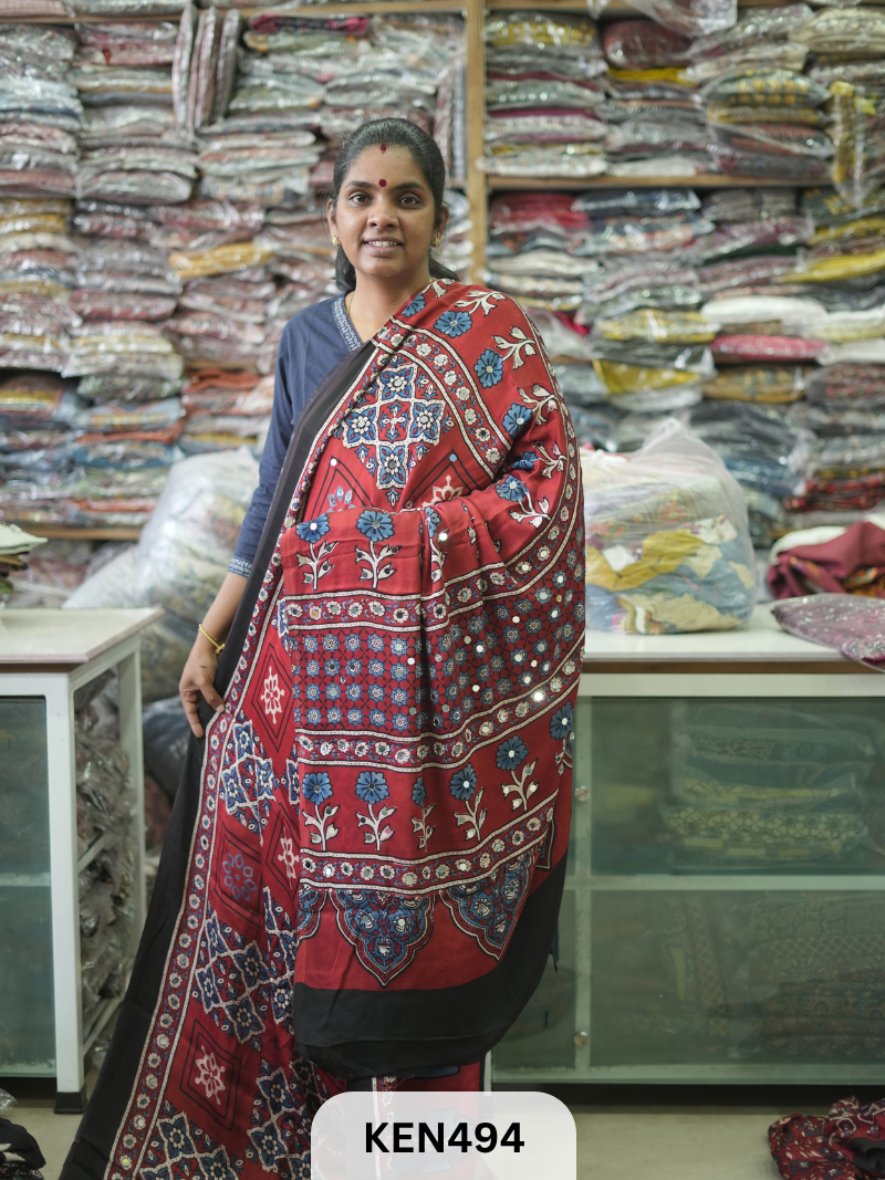MODAL NATURAL AJRAKH HANDBLOCK SAREE WITH GLUE MIRROR