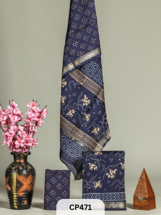 Hand Block printed Maheshwari silk Suit