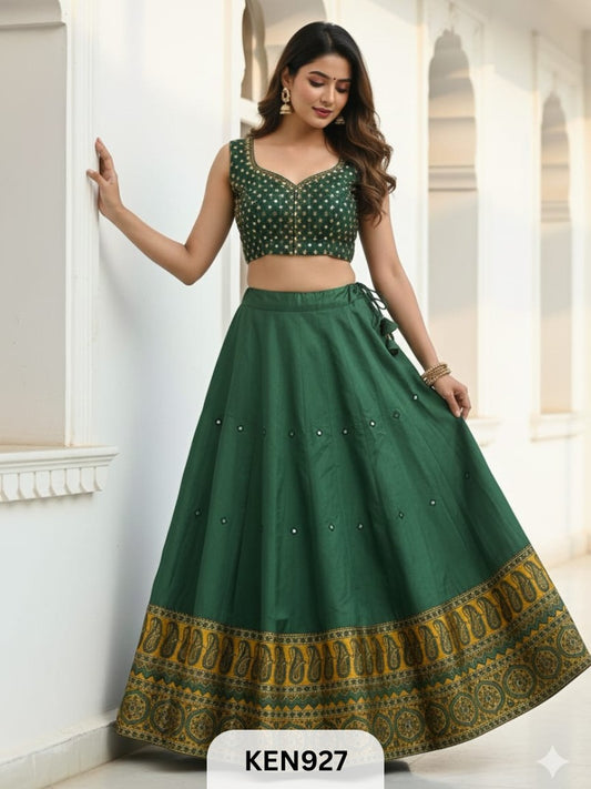 MASHRU NATURAL PLAIN &PRINTED KALI SKIRT WITH MIRROR WORK
