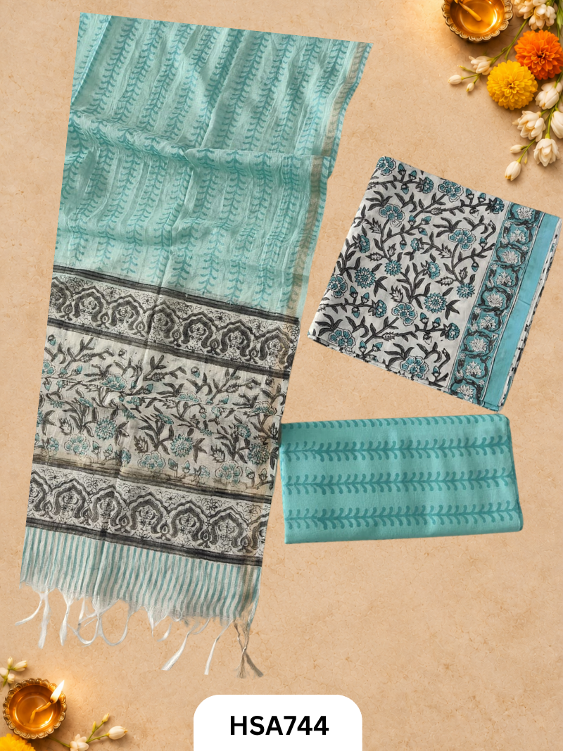 HandBlock Printed Chanderi Silk Dupatta With Cotton Suits -Top 2.5M Duptta 2.5M