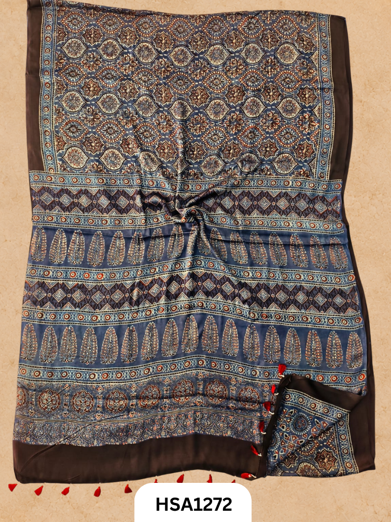Natural Dye Vegetable Hand Block Print Ajrakh Print Pure Modal Silk Saree