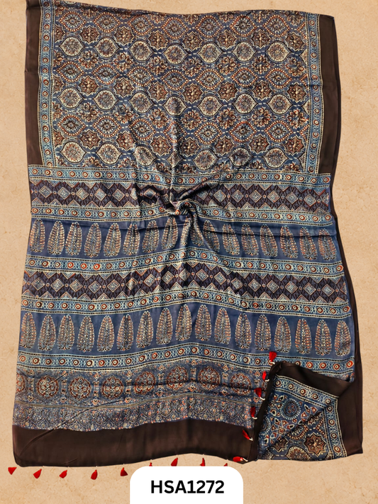 Natural Dye Vegetable Hand Block Print Ajrakh Print Pure Modal Silk Saree