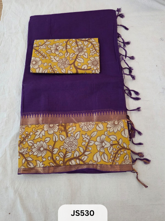 Mangalagiri Cotton X Kalamkari patch Border / dual blouse-1 mtr Kalamkari Blouse