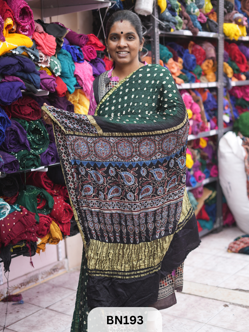 AJRAKH BANDHEJ WITH SKIRT BORDER SAREES | MODAL GAJI FABRIC