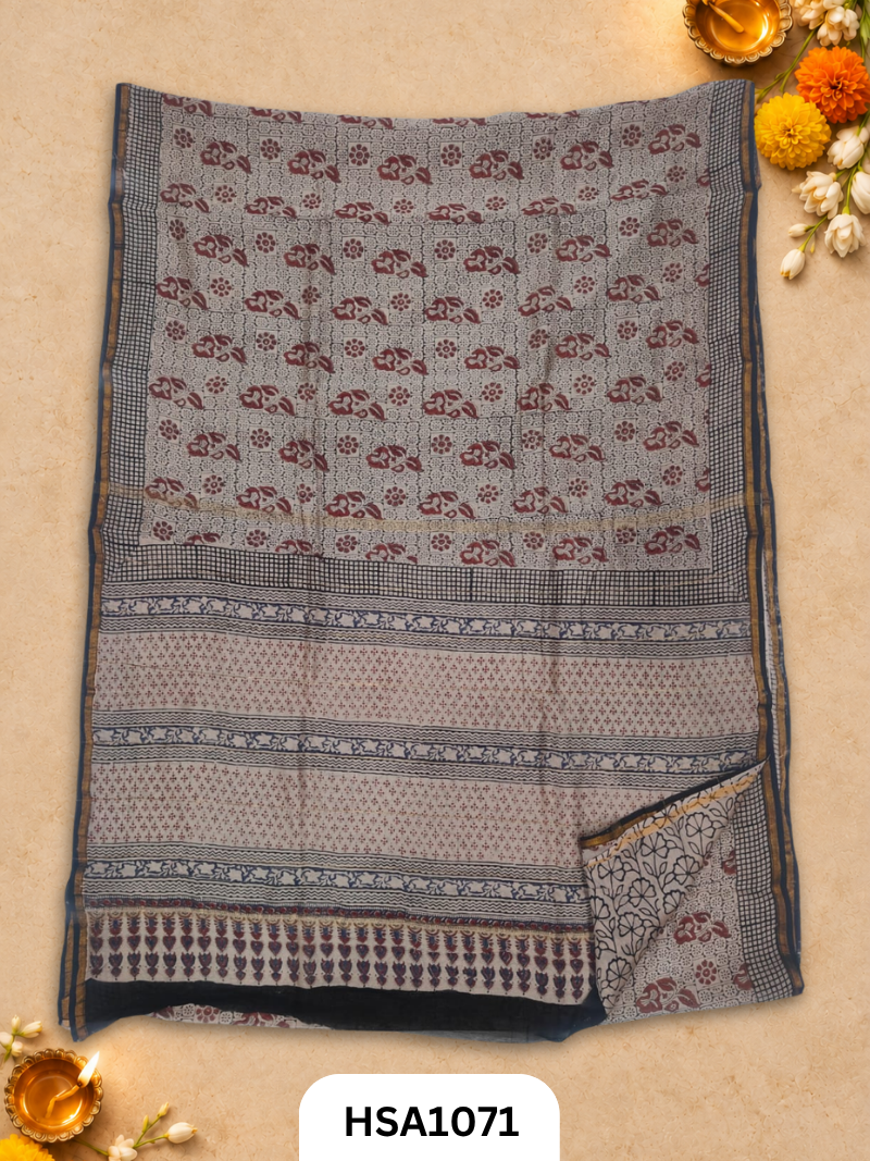Pure Hand Block Printed Chanderi Silk Saree With Printed Blouse