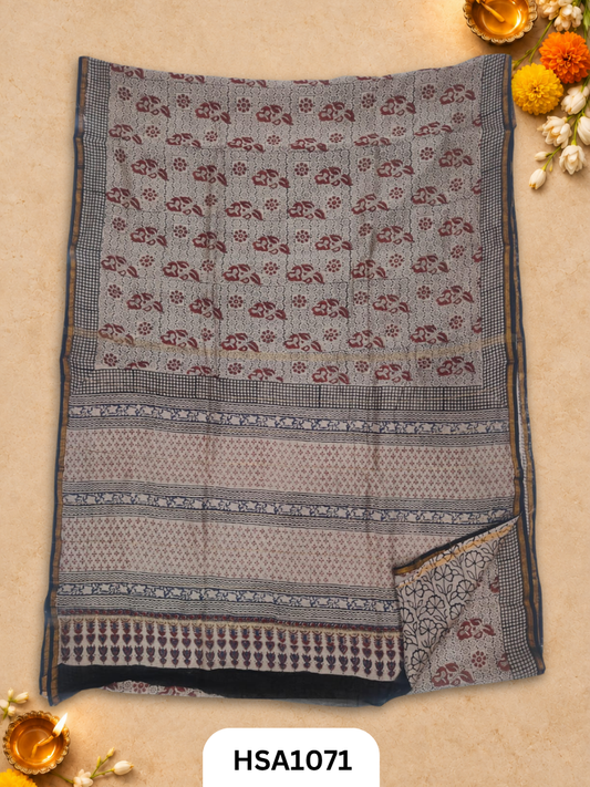 Pure Hand Block Printed Chanderi Silk Saree With Printed Blouse