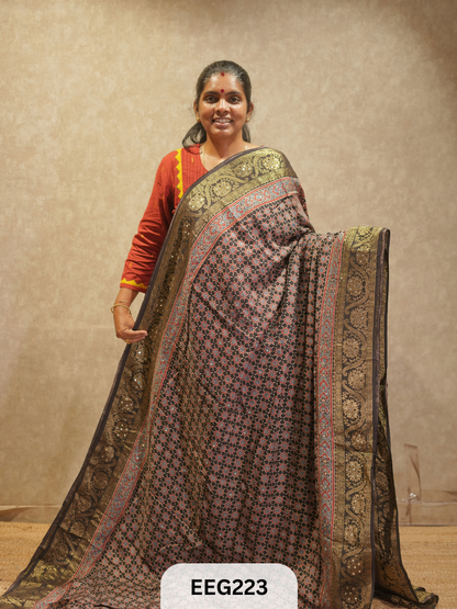 AJRAKH DOLA SILK SAREE WITH MIRROR WORK - IMMEDIATE DISPATCH