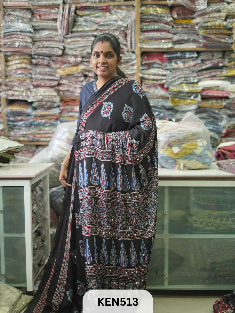 MODAL NATURAL AJRAKH HANDBLOCK SAREE WITH GLUE MIRROR