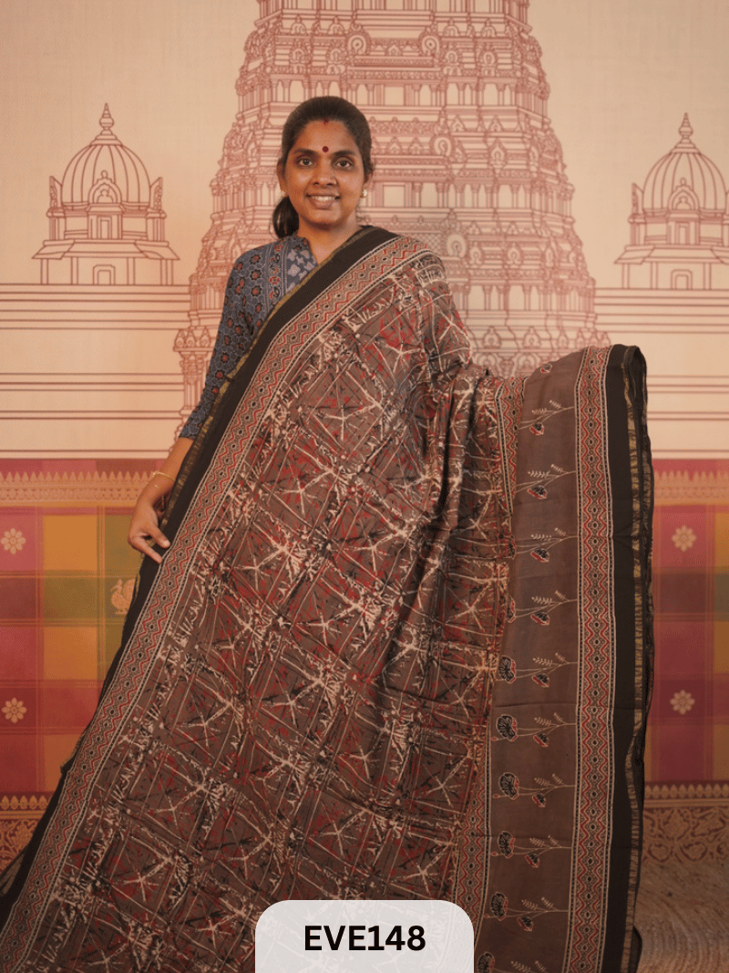 PURE CHANDERI SILK AJRAKH HANDBLOCK SAREE