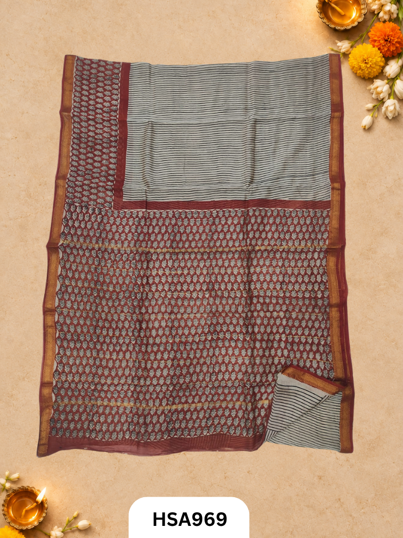 Pure Maheswari Silk Cotton - Handblock Print Saree With Blouse