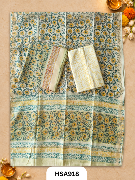 HandBlock Printed Maheshwari Silk Zari Border Top & dupttas 2.5 Mtrs | Bottom cotton 2.50 mtrs