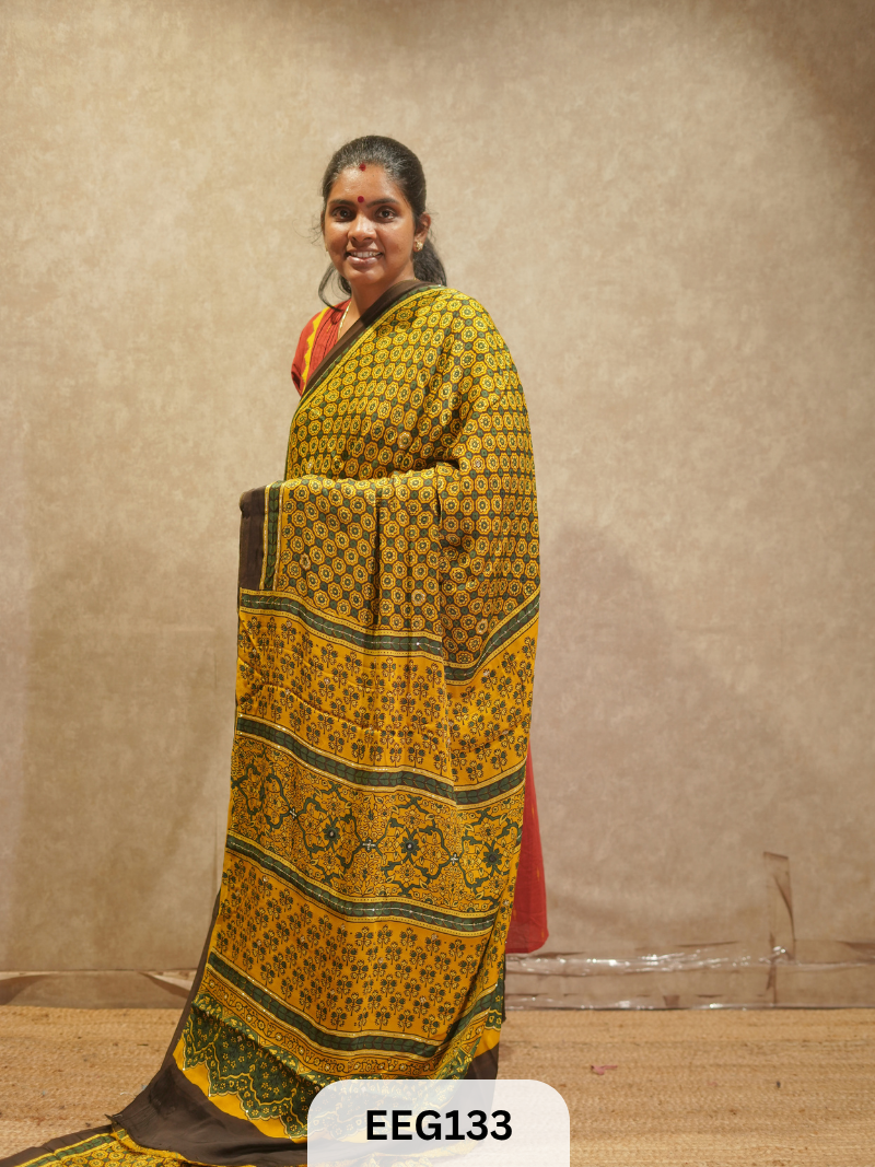 AJRAKH MODAL SAREE WITH KHATLI HANDWORK