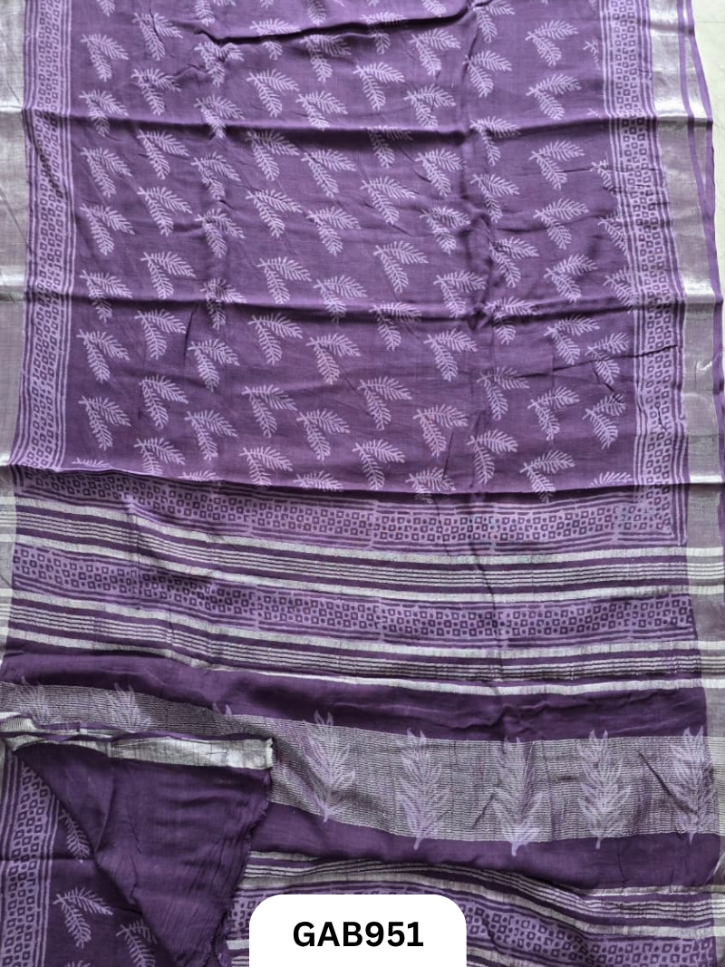 Bagru Handblock Print Linen Saree With Attached Blouse