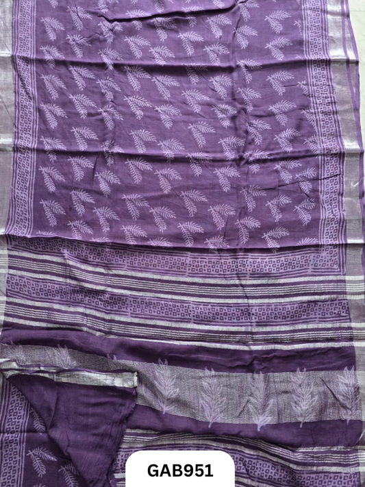 Bagru Handblock Print Linen Saree With Attached Blouse