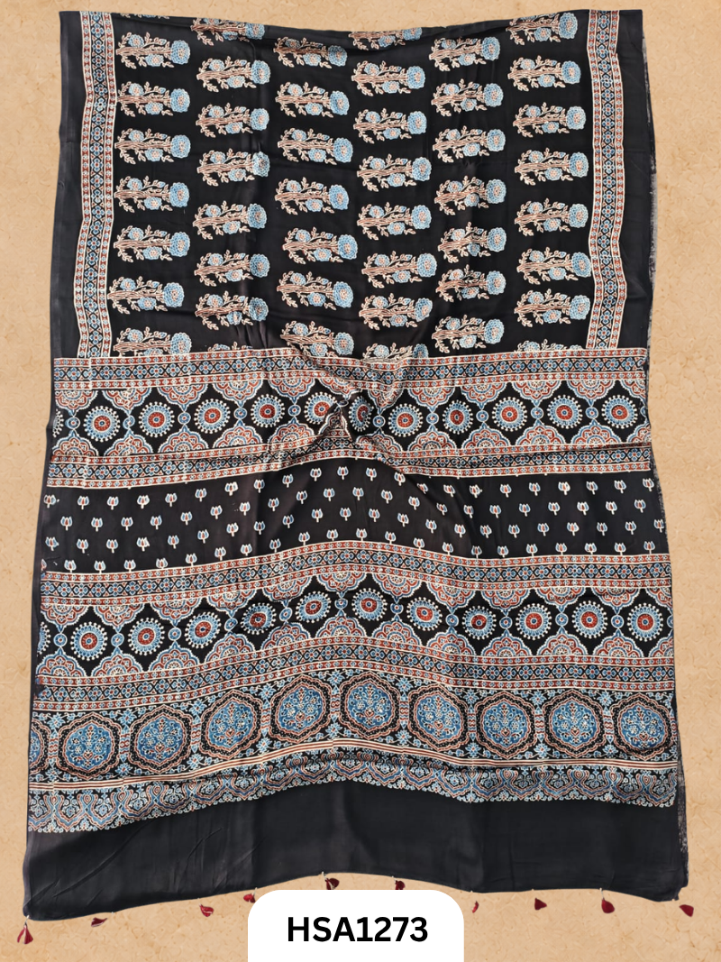 Natural Dye Vegetable Hand Block Print Ajrakh Print Pure Modal Silk Saree