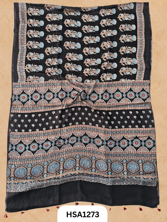 Natural Dye Vegetable Hand Block Print Ajrakh Print Pure Modal Silk Saree