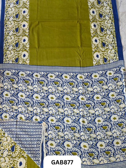 Bagru Block Print Cotton Mulmul Sarees With Running Blouse