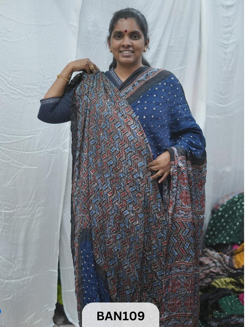 BANDHANI WITH AJRAKH SEMI GAJI SAREE