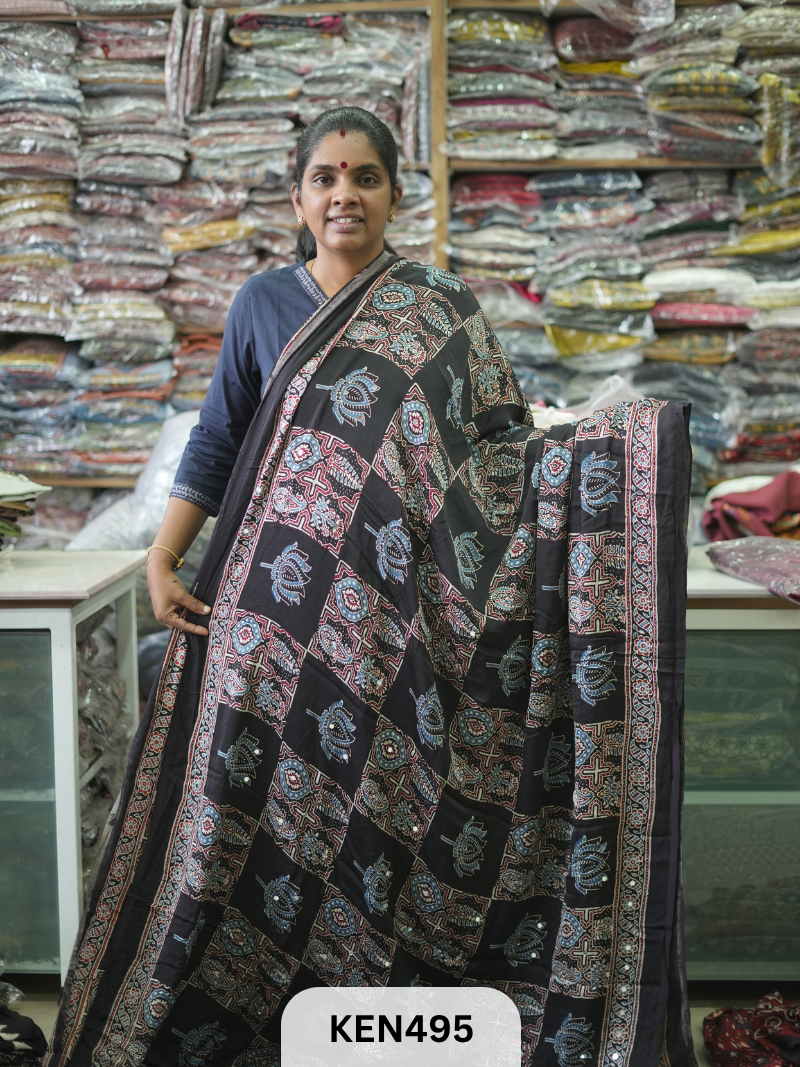 MODAL NATURAL AJRAKH HANDBLOCK SAREE WITH GLUE MIRROR