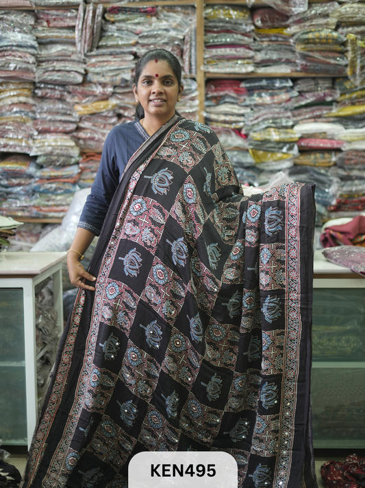 MODAL NATURAL AJRAKH HANDBLOCK SAREE WITH GLUE MIRROR