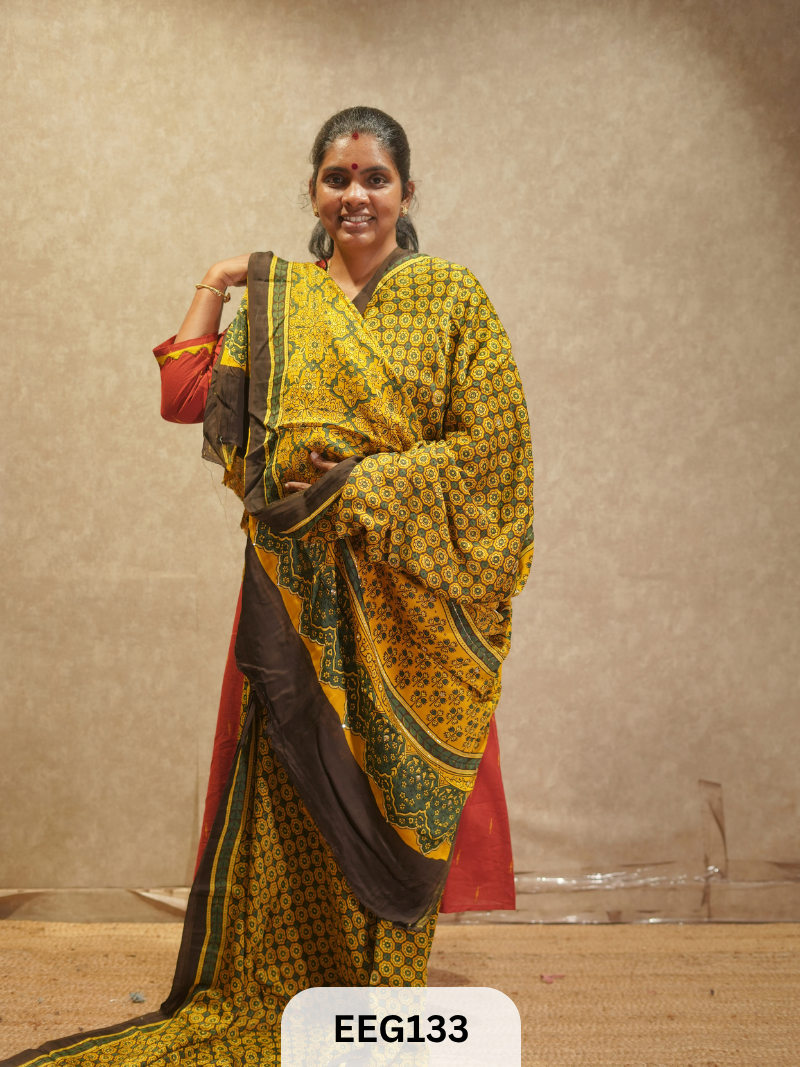 AJRAKH MODAL SAREE WITH KHATLI HANDWORK